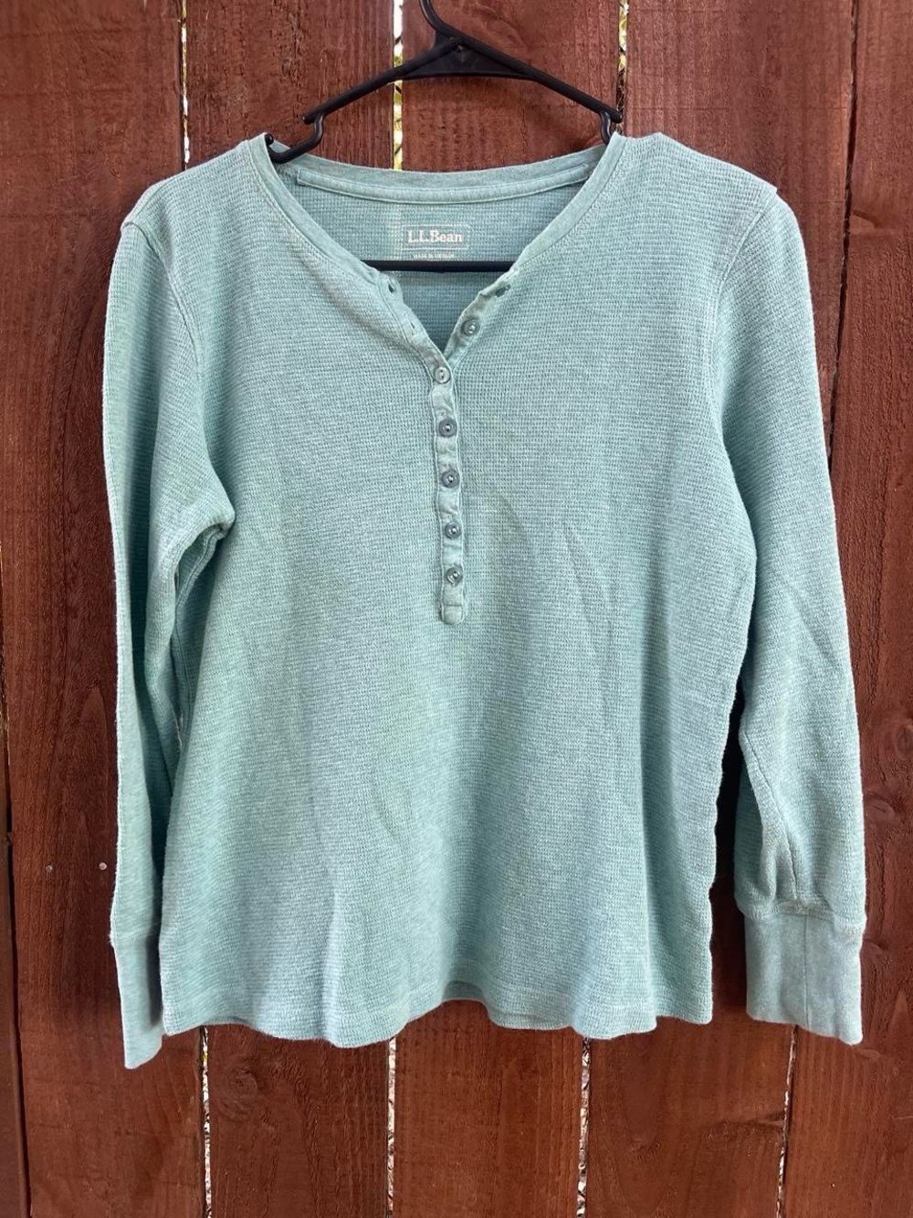 L.L Bean Waffle Knit Long Sleeve Cotton Henley in Seafoam Green Sz S